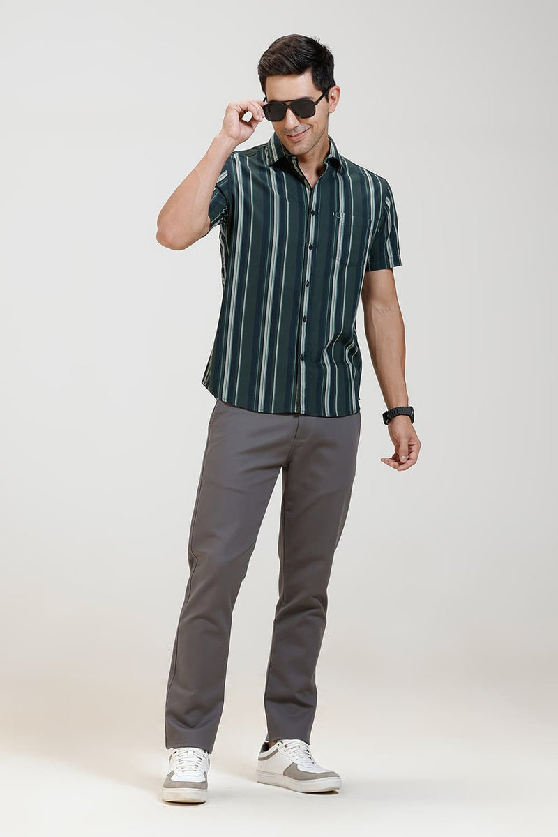 SLIM FIT COTTON HERRING BONE STRIPE HALFSLEEVES SHIRT