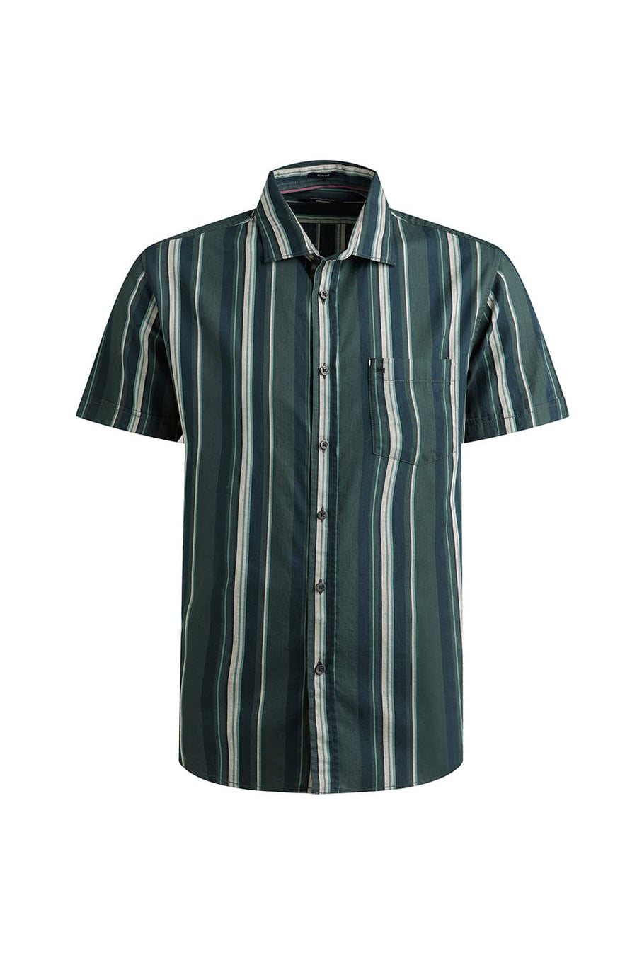 BASICS SLIM FIT MOUNTAIN GREEN COTTON HERRING BONE STRIPE HALFSLEEVES SHIRT