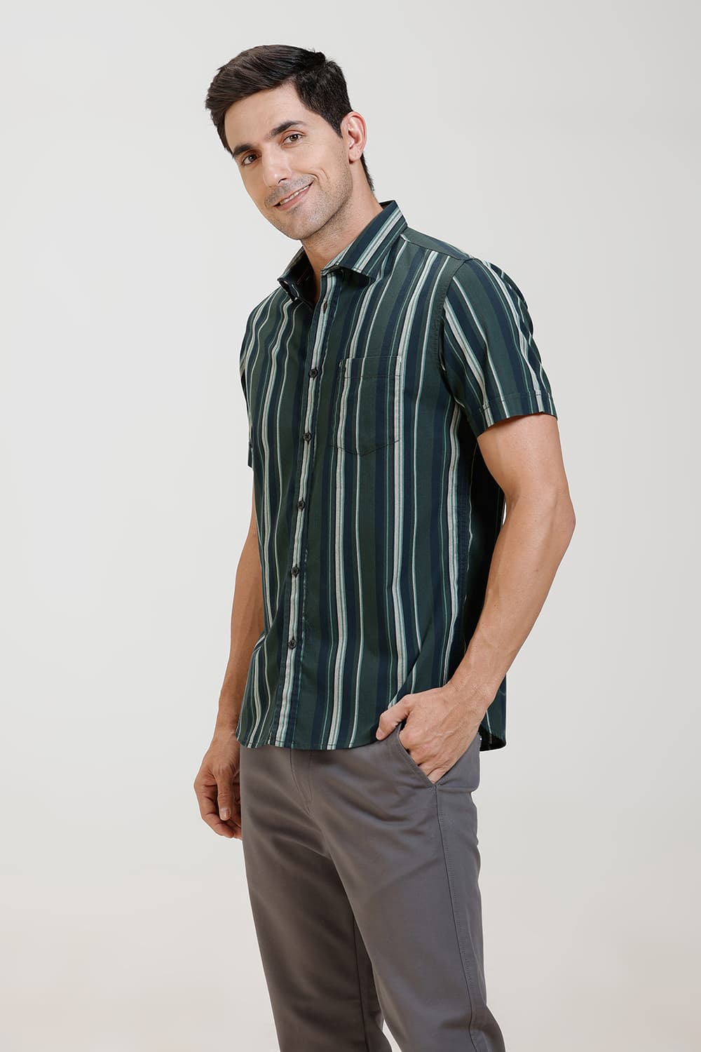 SLIM FIT COTTON HERRING BONE STRIPE HALFSLEEVES SHIRT