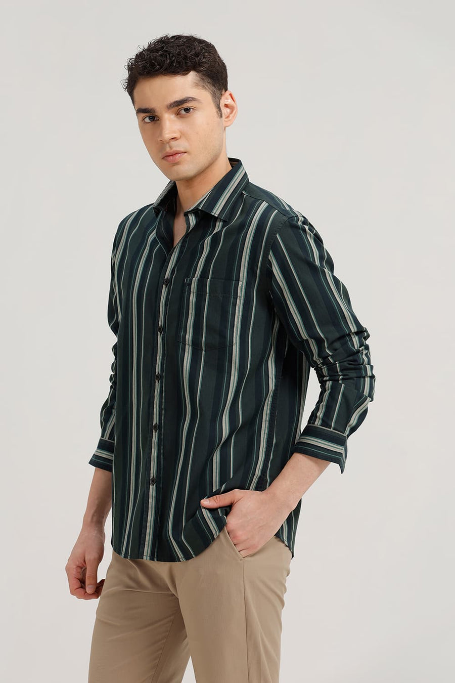 BASICS SLIM FIT MOUNTAIN GREEN COTTON HERRING BONE STRIPE SHIRT