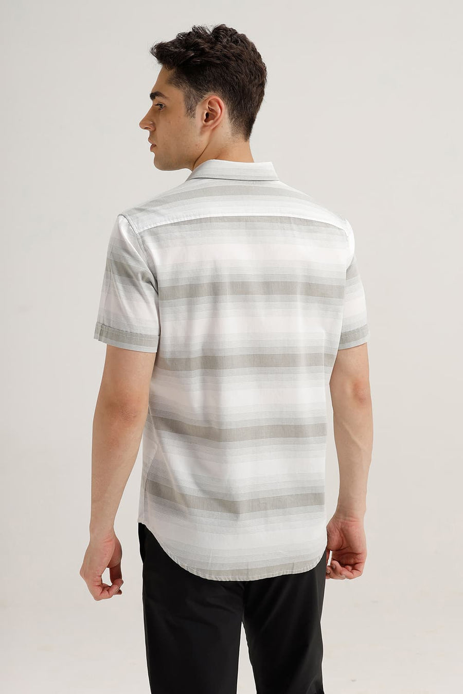 BASICS SLIM FIT RIDGE OLIVE COTTON HERRING BONE STRIPE HALFSLEEVES SHIRT