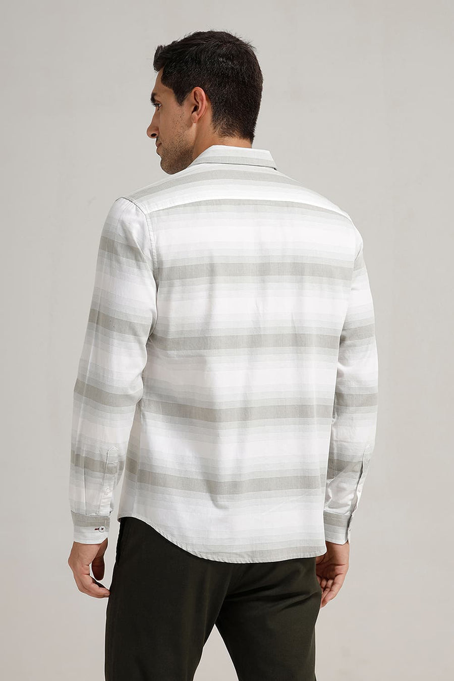 BASICS SLIM FIT RIDGE OLIVE COTTON HERRING BONE STRIPE SHIRT