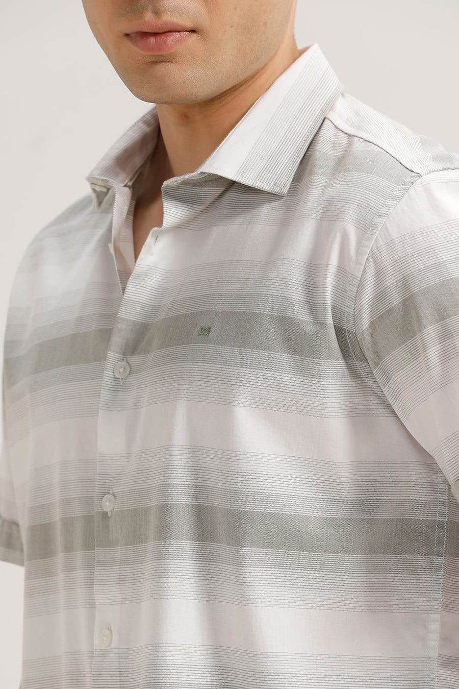 BASICS SLIM FIT RIDGE OLIVE COTTON HERRING BONE STRIPE HALFSLEEVES SHIRT