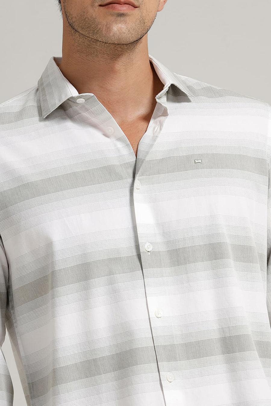 BASICS SLIM FIT RIDGE OLIVE COTTON HERRING BONE STRIPE SHIRT
