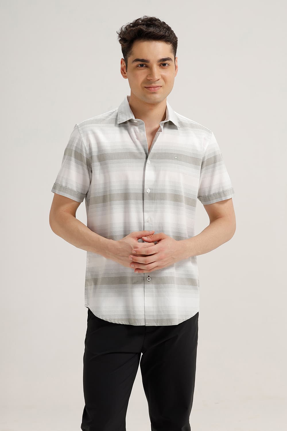 SLIM FIT COTTON HERRING BONE STRIPE HALFSLEEVES SHIRT