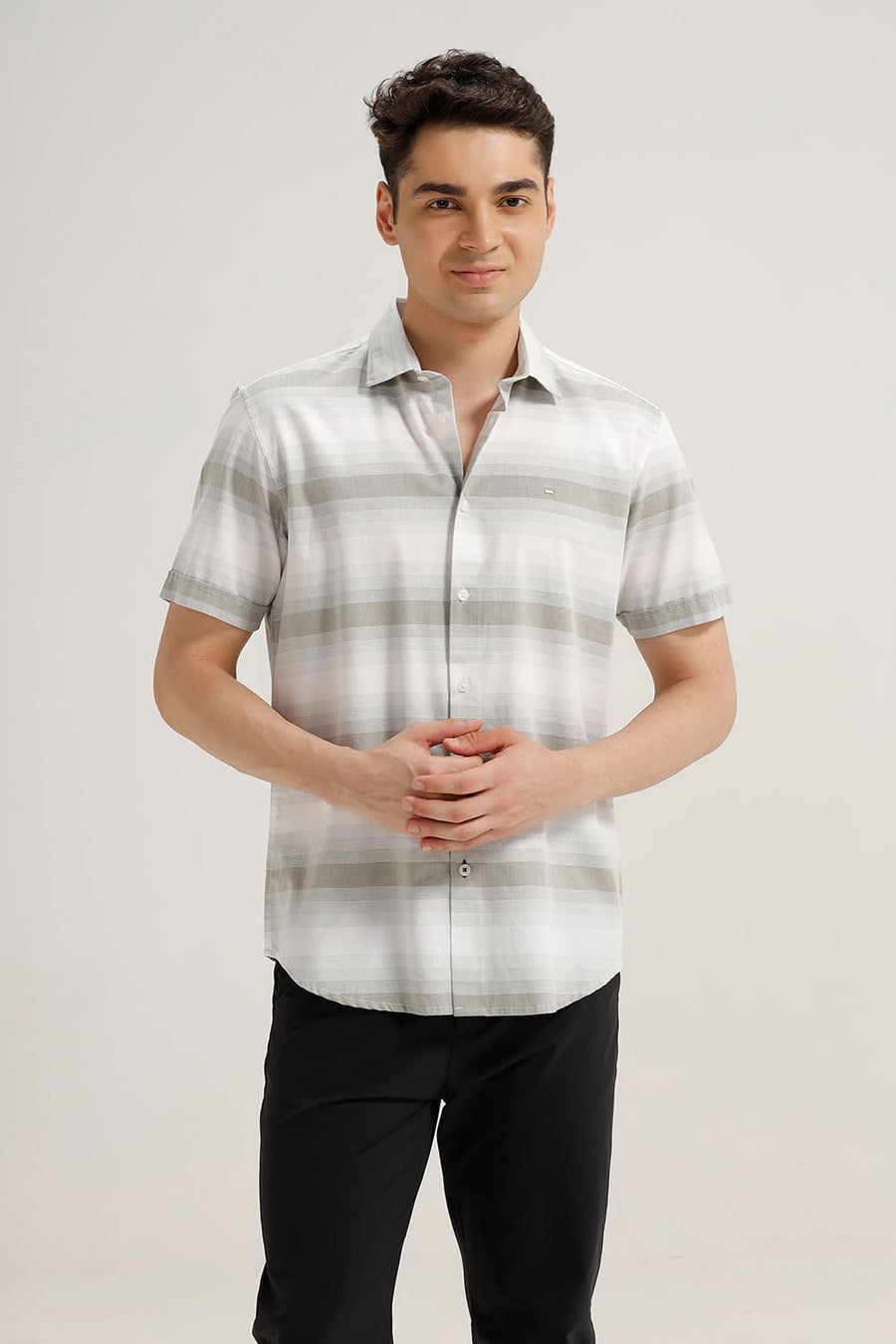 BASICS SLIM FIT RIDGE OLIVE COTTON HERRING BONE STRIPE HALFSLEEVES SHIRT