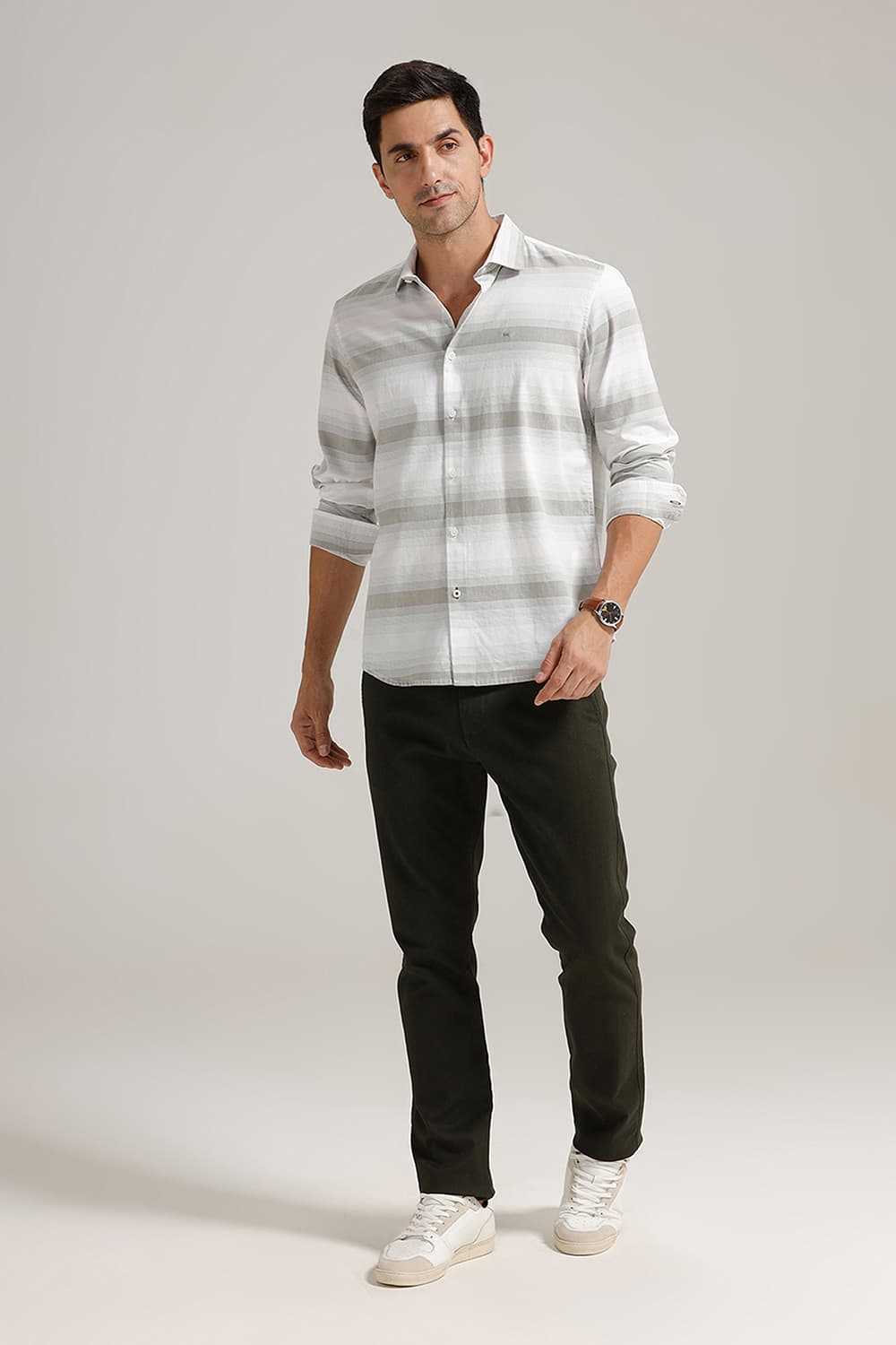 SLIM FIT COTTON HERRING BONE STRIPE SHIRT