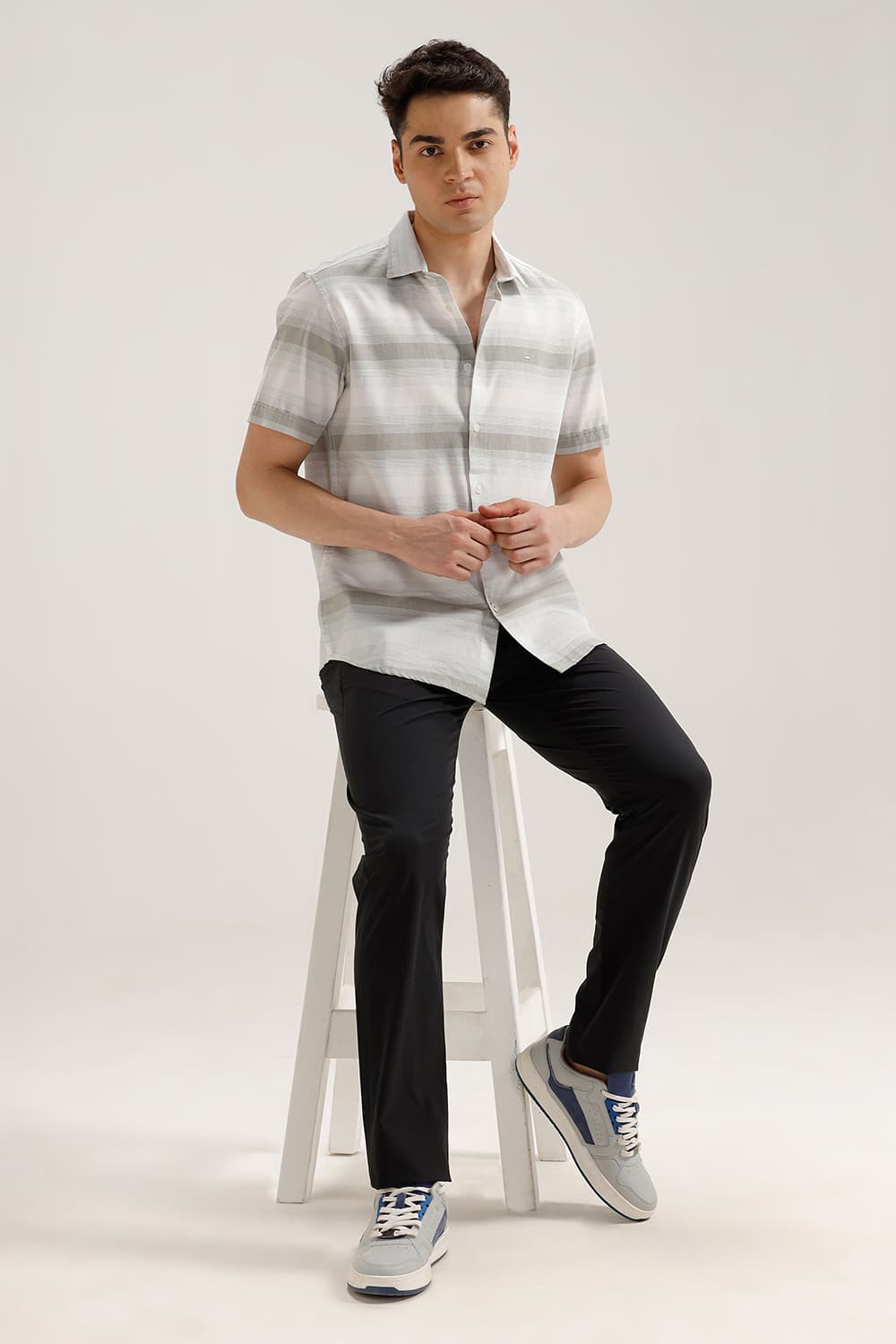 SLIM FIT COTTON HERRING BONE STRIPE HALFSLEEVES SHIRT