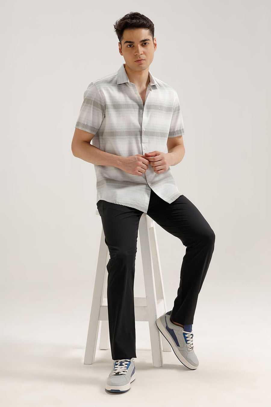 BASICS SLIM FIT RIDGE OLIVE COTTON HERRING BONE STRIPE HALFSLEEVES SHIRT