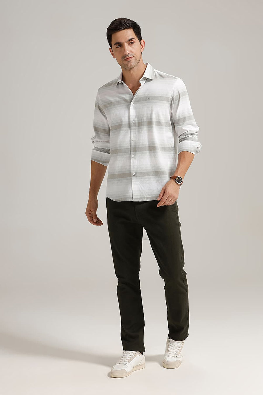 BASICS SLIM FIT RIDGE OLIVE COTTON HERRING BONE STRIPE SHIRT