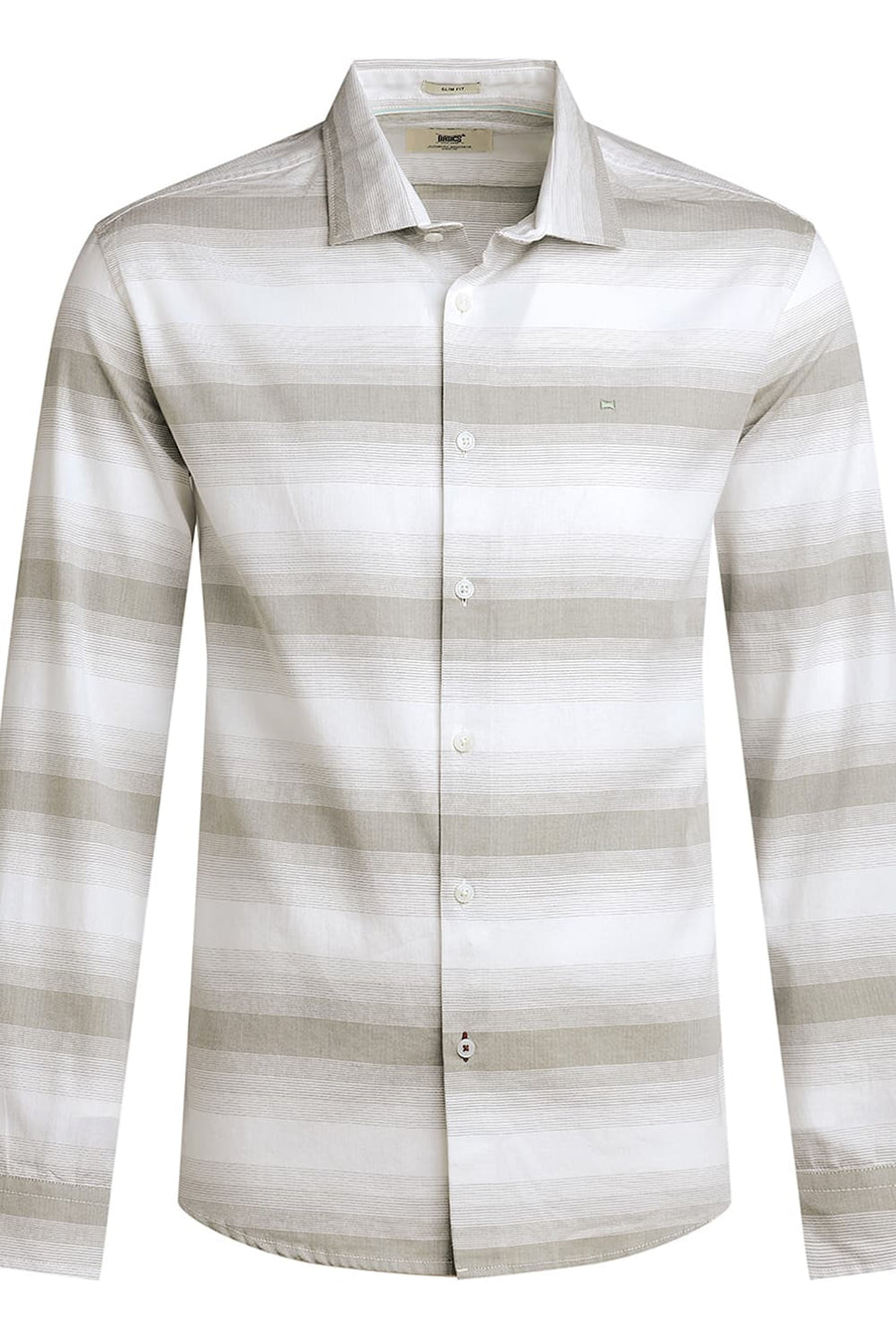 BASICS SLIM FIT RIDGE OLIVE COTTON HERRING BONE STRIPE SHIRT