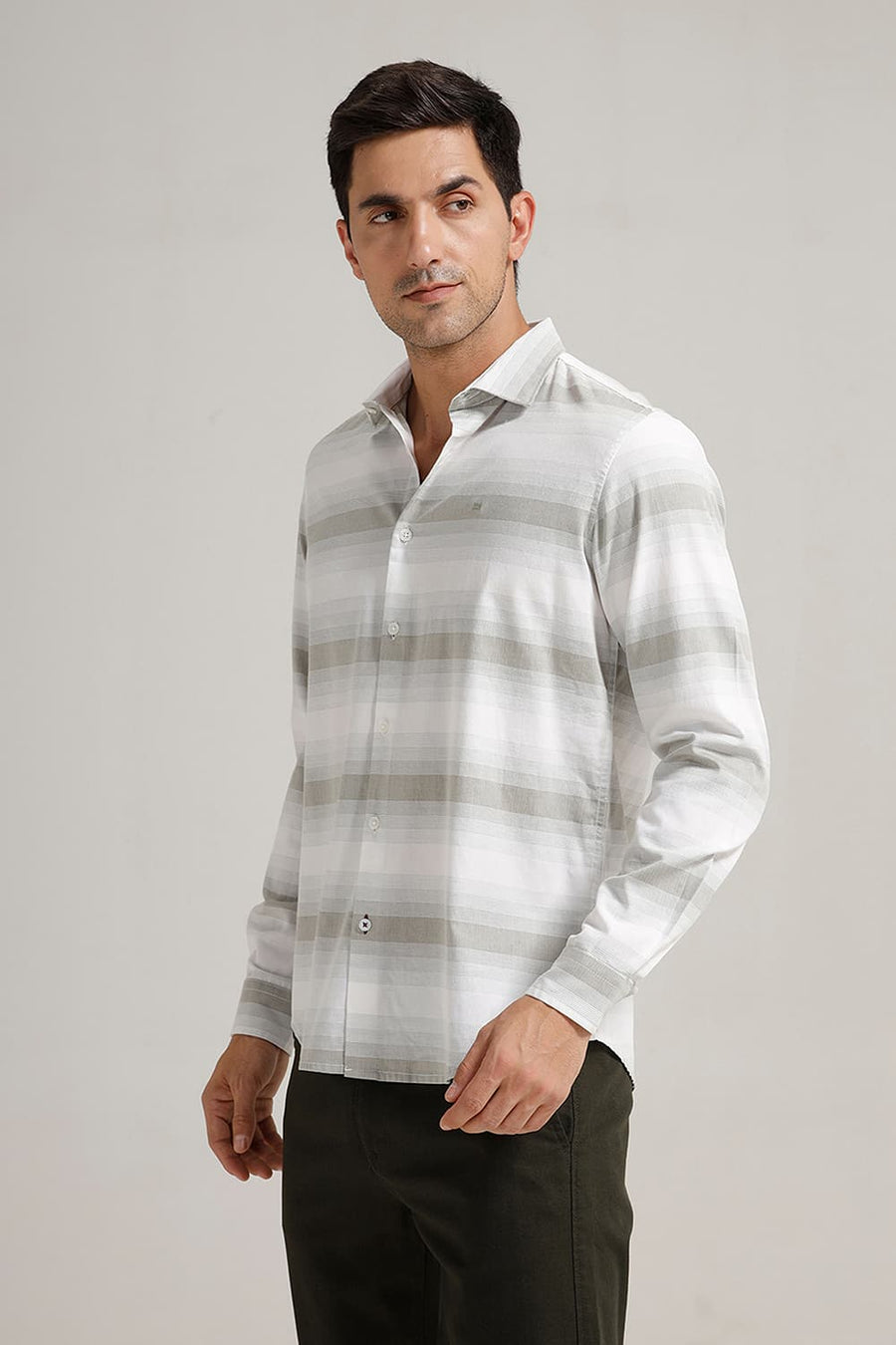 BASICS SLIM FIT RIDGE OLIVE COTTON HERRING BONE STRIPE SHIRT