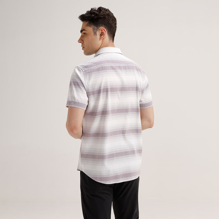 BASICS SLIM FIT PINK TRUFFLE COTTON HERRING BONE STRIPE HALFSLEEVES SHIRT