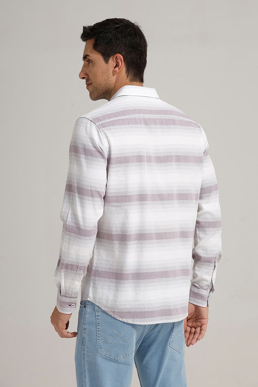 BASICS SLIM FIT PINK TRUFFLE COTTON HERRING BONE STRIPE SHIRT