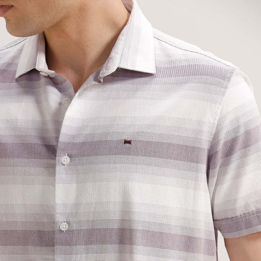 BASICS SLIM FIT PINK TRUFFLE COTTON HERRING BONE STRIPE HALFSLEEVES SHIRT