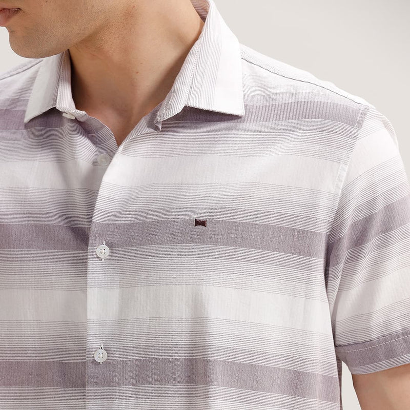 SLIM FIT COTTON HERRING BONE STRIPE HALFSLEEVES SHIRT