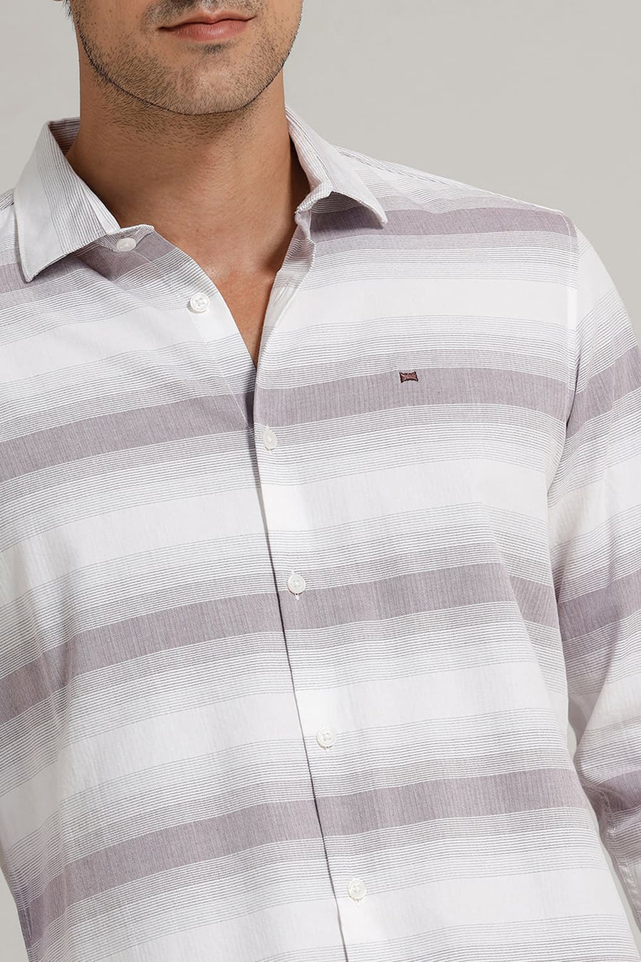 BASICS SLIM FIT PINK TRUFFLE COTTON HERRING BONE STRIPE SHIRT