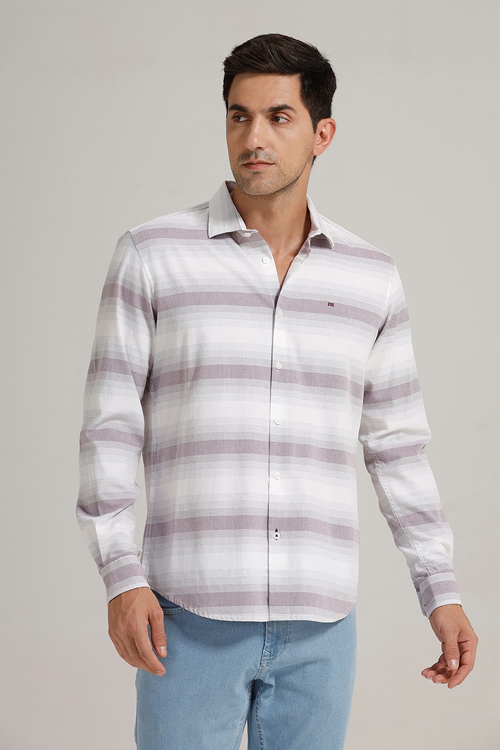 SLIM FIT COTTON HERRING BONE STRIPE SHIRT