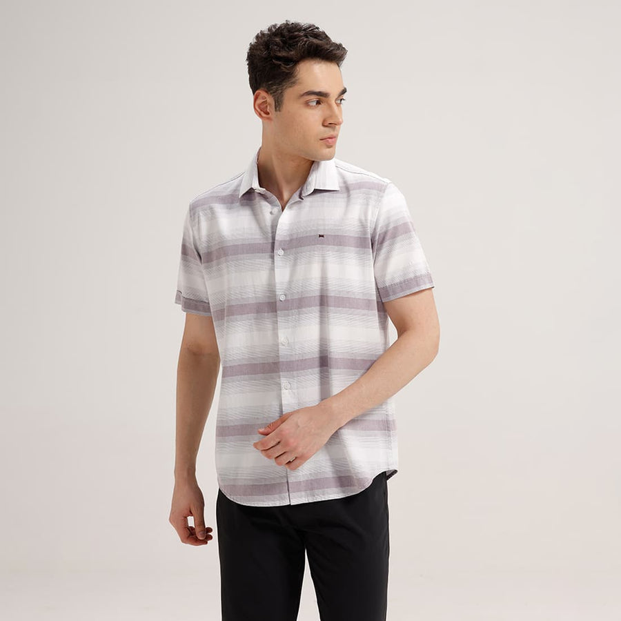 BASICS SLIM FIT PINK TRUFFLE COTTON HERRING BONE STRIPE HALFSLEEVES SHIRT