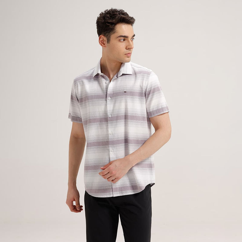 SLIM FIT COTTON HERRING BONE STRIPE HALFSLEEVES SHIRT