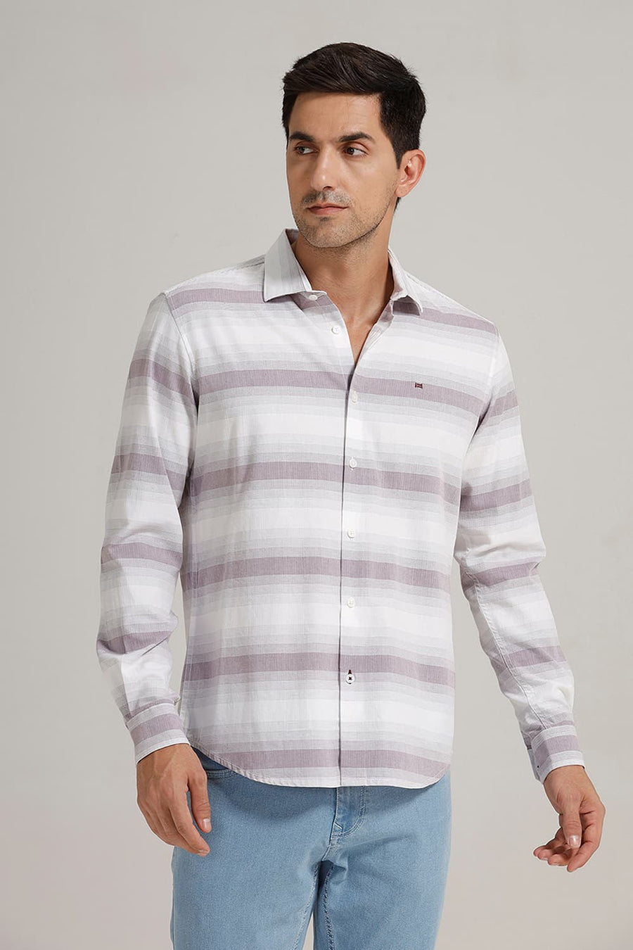 BASICS SLIM FIT PINK TRUFFLE COTTON HERRING BONE STRIPE SHIRT