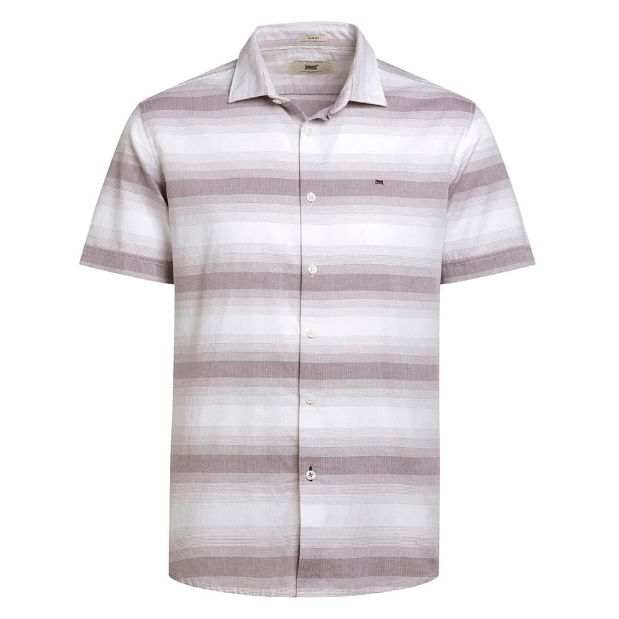 BASICS SLIM FIT PINK TRUFFLE COTTON HERRING BONE STRIPE HALFSLEEVES SHIRT