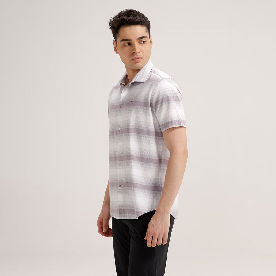 BASICS SLIM FIT PINK TRUFFLE COTTON HERRING BONE STRIPE HALFSLEEVES SHIRT