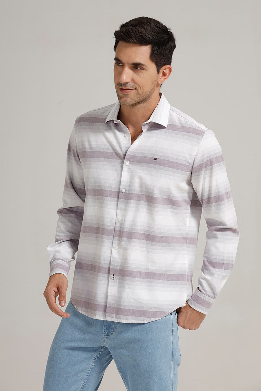 BASICS SLIM FIT PINK TRUFFLE COTTON HERRING BONE STRIPE SHIRT