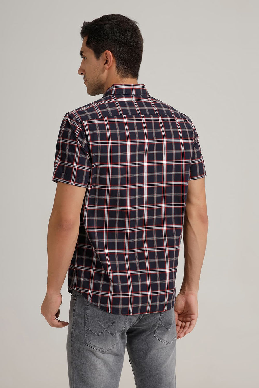 BASICS SLIM FIT ECLIPSE NAVY COTTON CHECKS HALFSLEEVES SHIRT