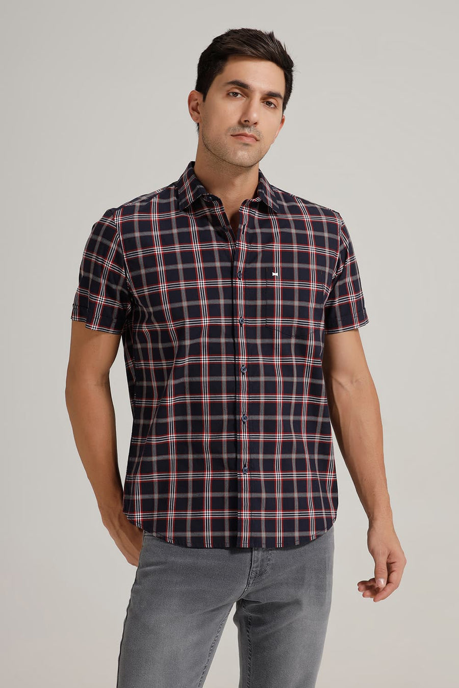 BASICS SLIM FIT ECLIPSE NAVY COTTON CHECKS HALFSLEEVES SHIRT