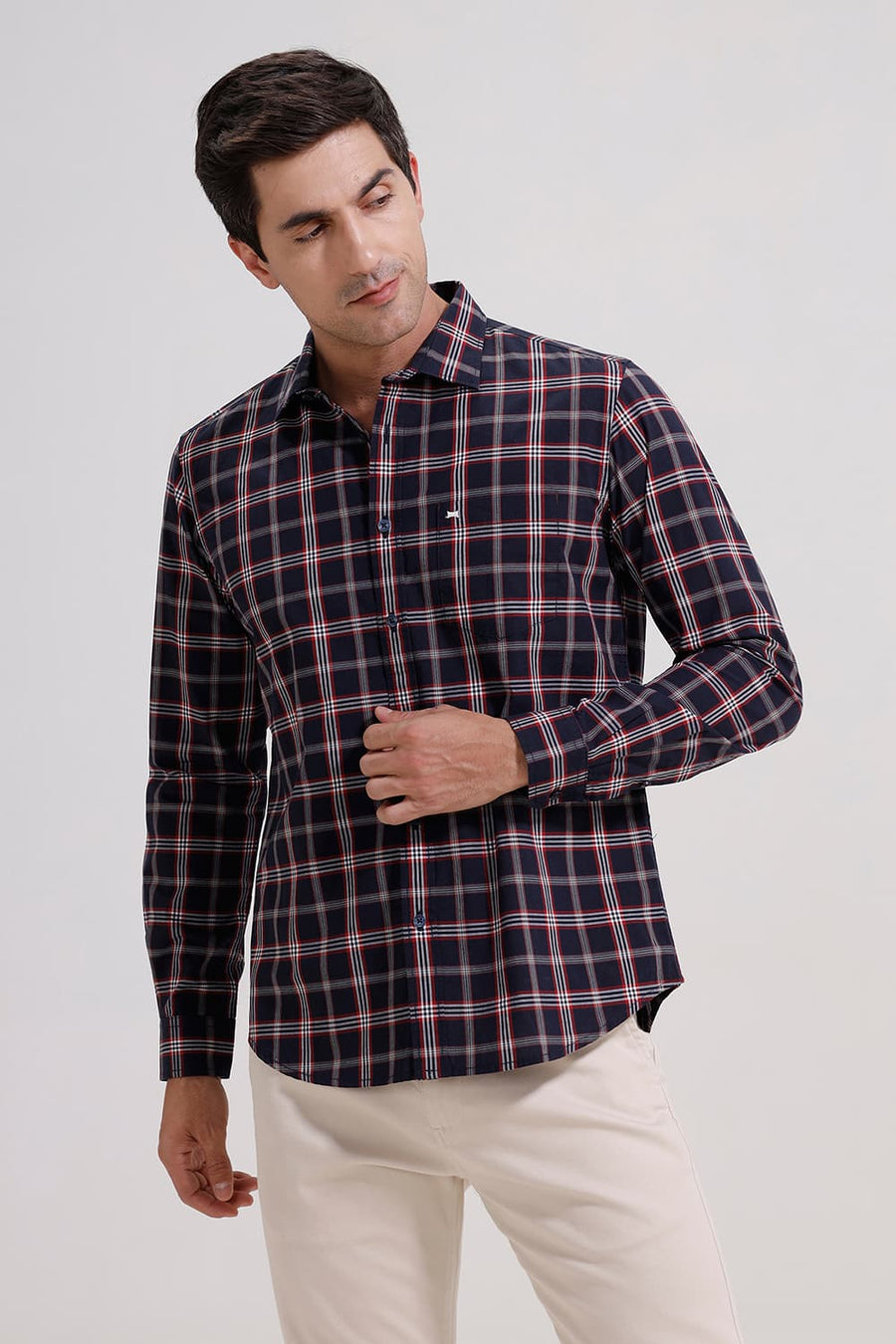 BASICS SLIM FIT ECLIPSE NAVY COTTON CHECKS SHIRT