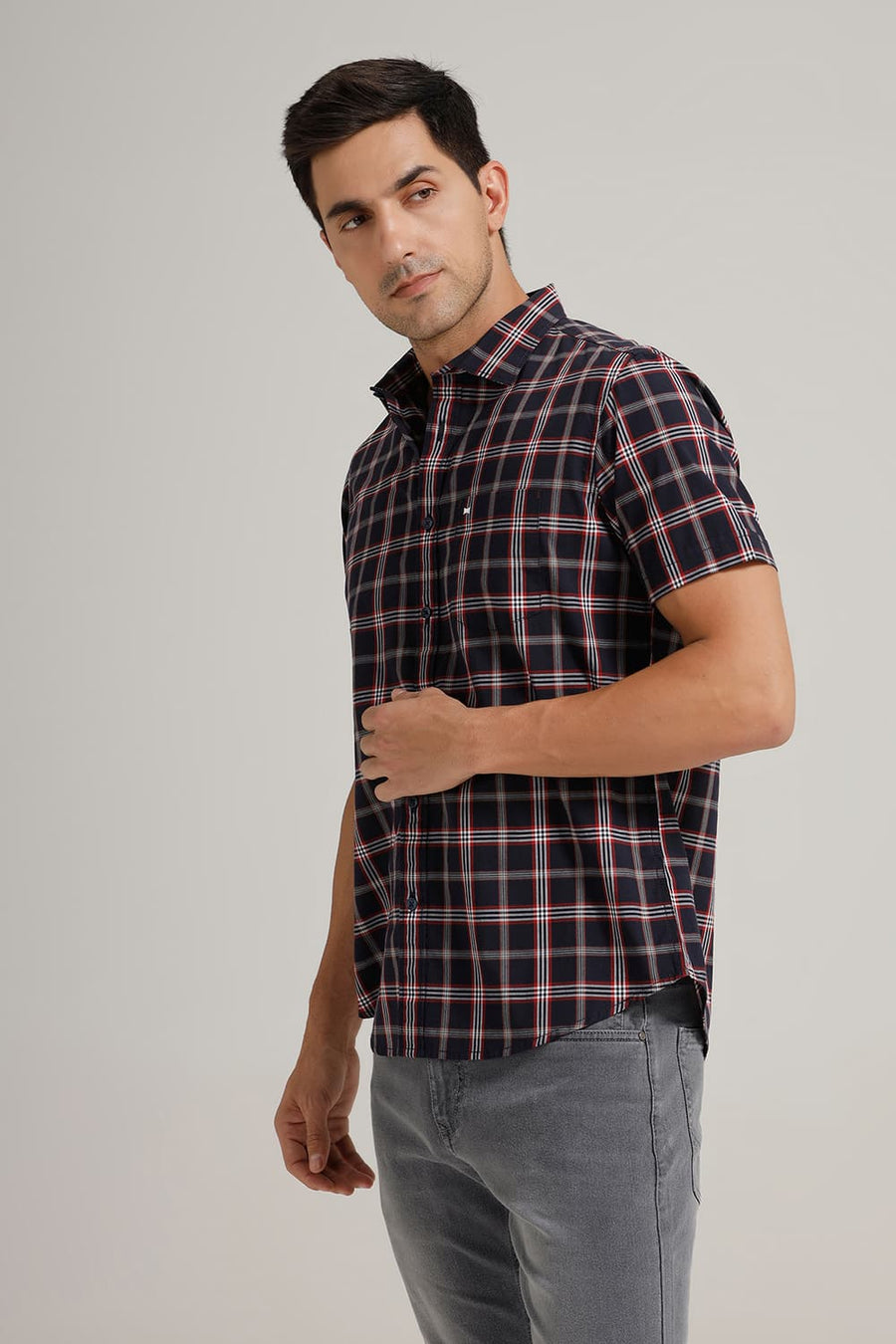 BASICS SLIM FIT ECLIPSE NAVY COTTON CHECKS HALFSLEEVES SHIRT