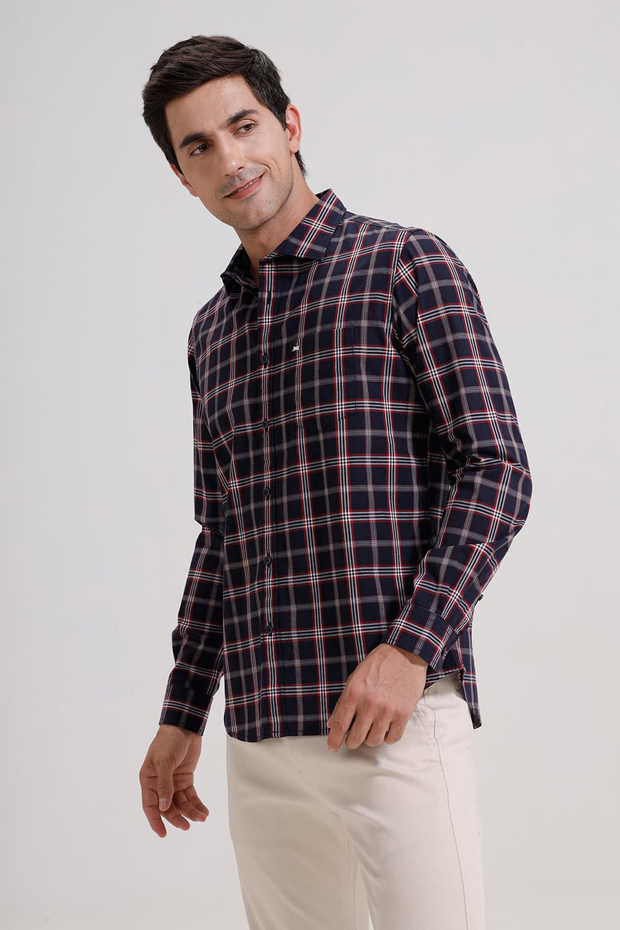 BASICS SLIM FIT ECLIPSE NAVY COTTON CHECKS SHIRT