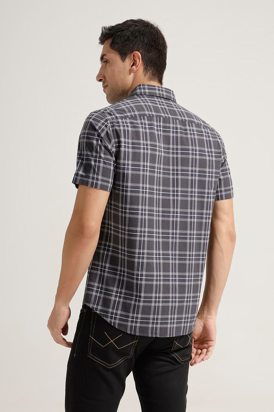BASICS SLIM FIT CARBON GREY COTTON CHECKS HALFSLEEVES SHIRT
