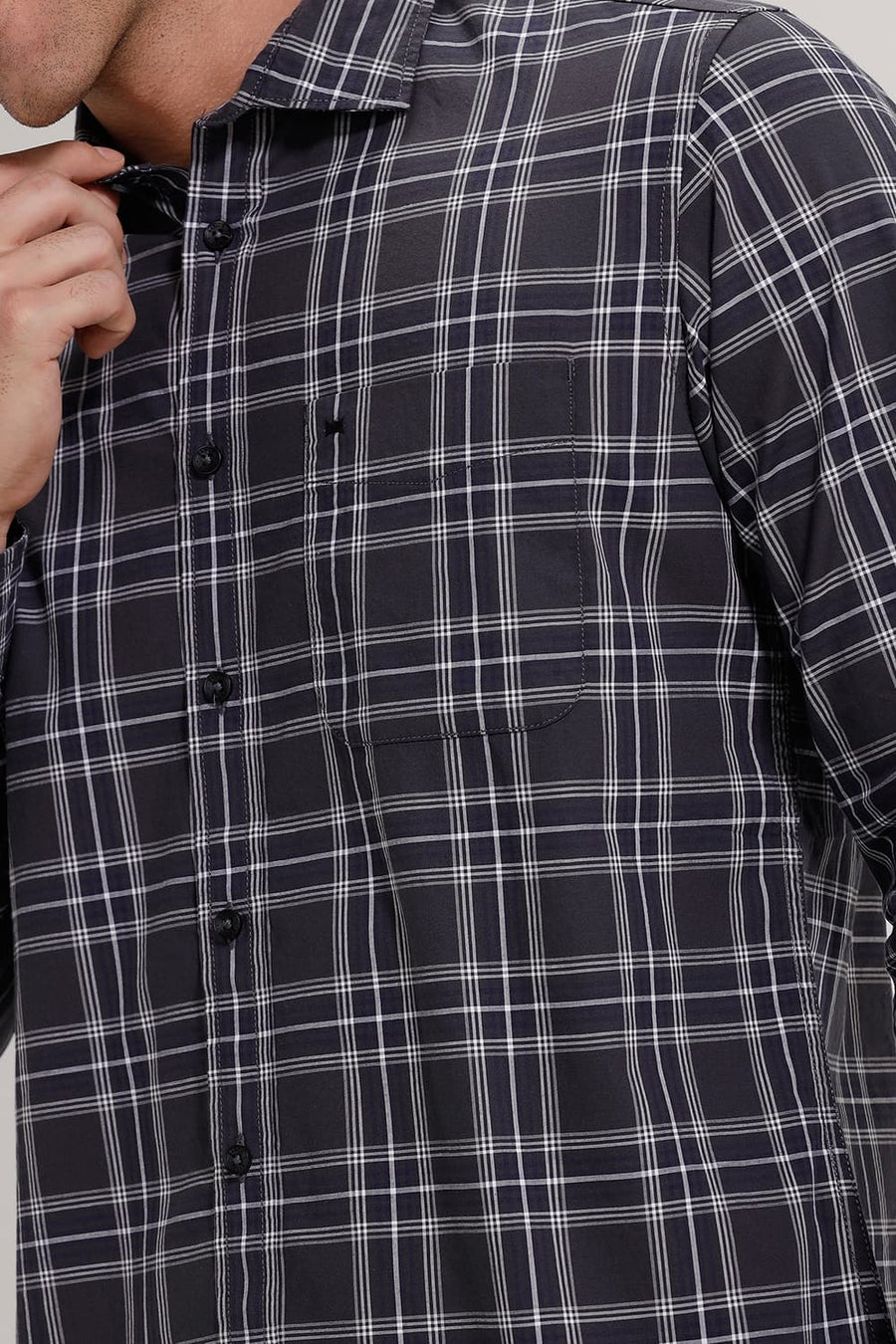 BASICS SLIM FIT CARBON GREY COTTON CHECKS SHIRT
