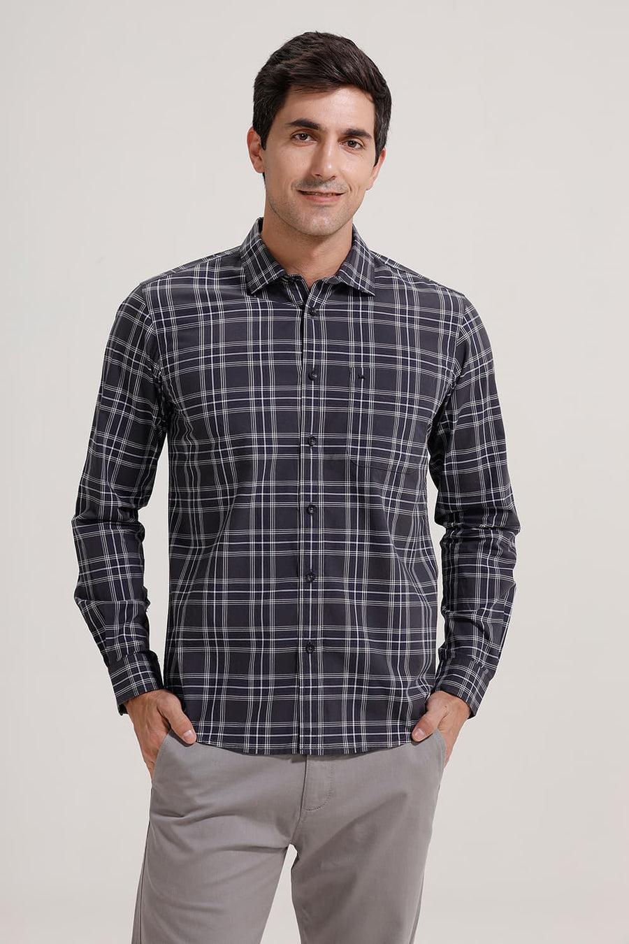 BASICS SLIM FIT CARBON GREY COTTON CHECKS SHIRT