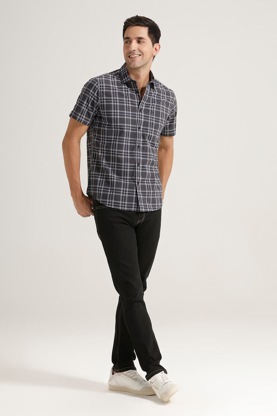 BASICS SLIM FIT CARBON GREY COTTON CHECKS HALFSLEEVES SHIRT
