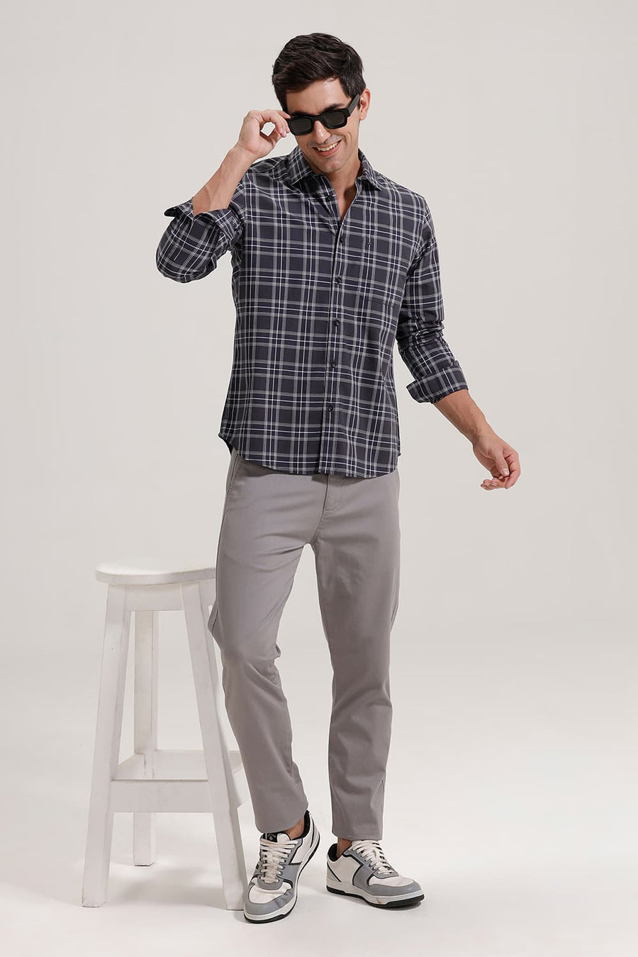 BASICS SLIM FIT CARBON GREY COTTON CHECKS SHIRT