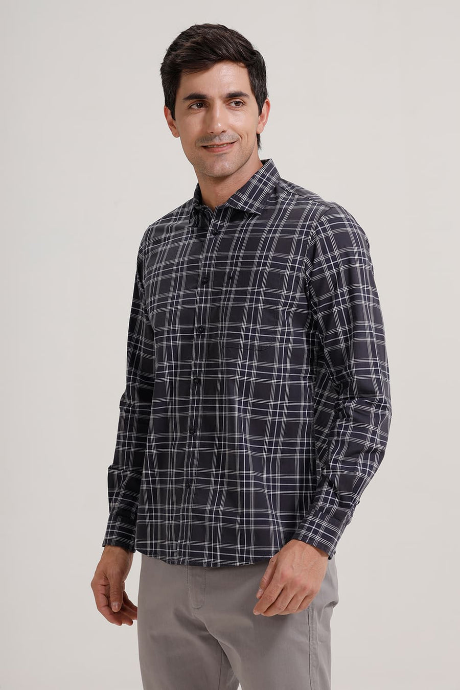 BASICS SLIM FIT CARBON GREY COTTON CHECKS SHIRT
