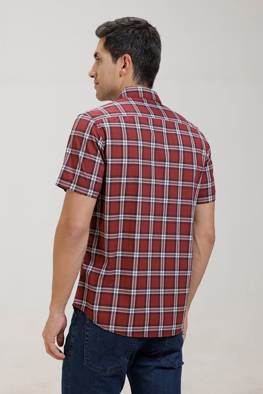 BASICS SLIM FIT BRICK RED COTTON CHECKS HALFSLEEVES SHIRT