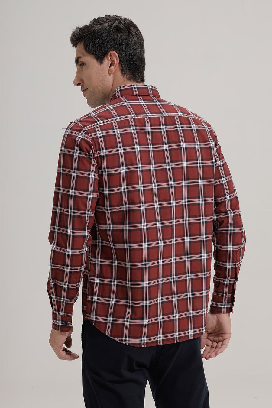 BASICS SLIM FIT BRICK RED COTTON CHECKS SHIRT