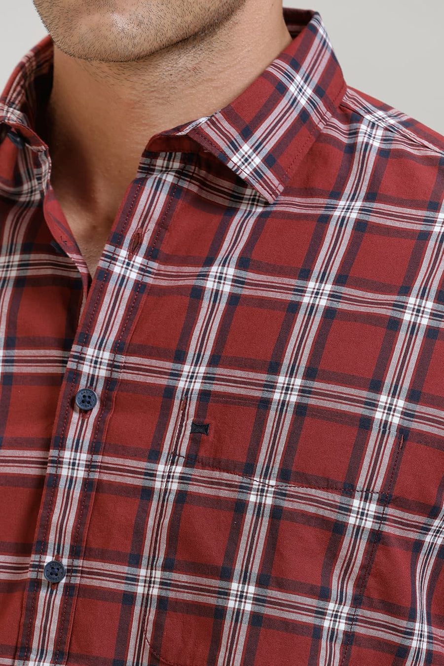 BASICS SLIM FIT BRICK RED COTTON CHECKS HALFSLEEVES SHIRT