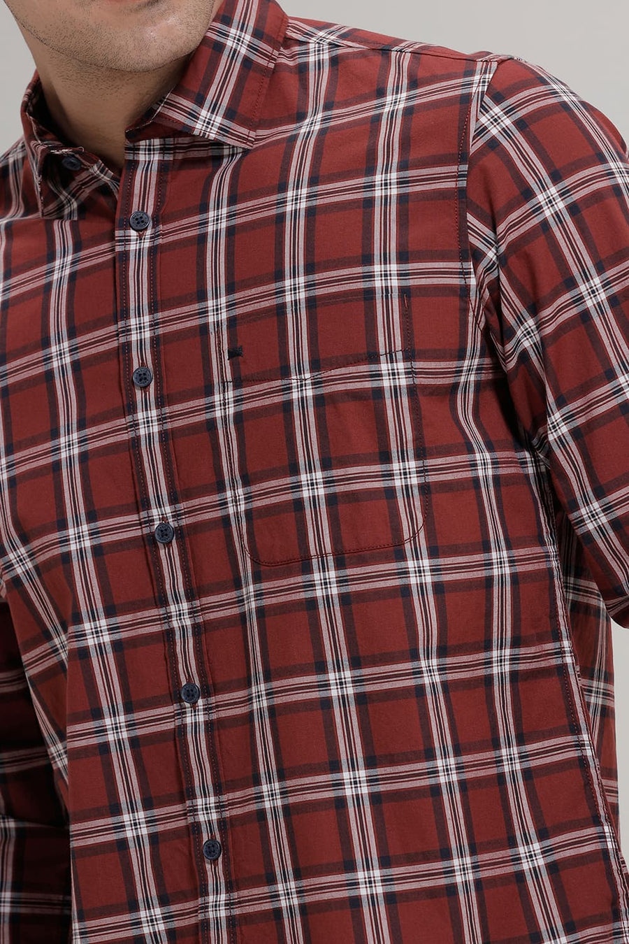 BASICS SLIM FIT BRICK RED COTTON CHECKS SHIRT