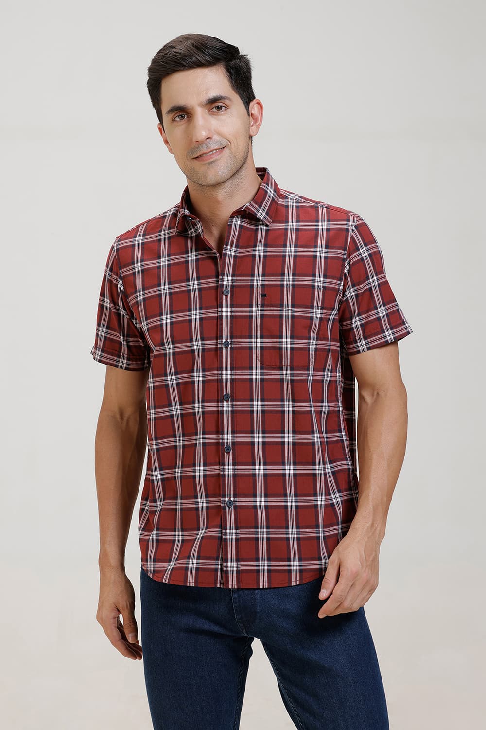 SLIM FIT COTTON CHECKS HALFSLEEVES SHIRT