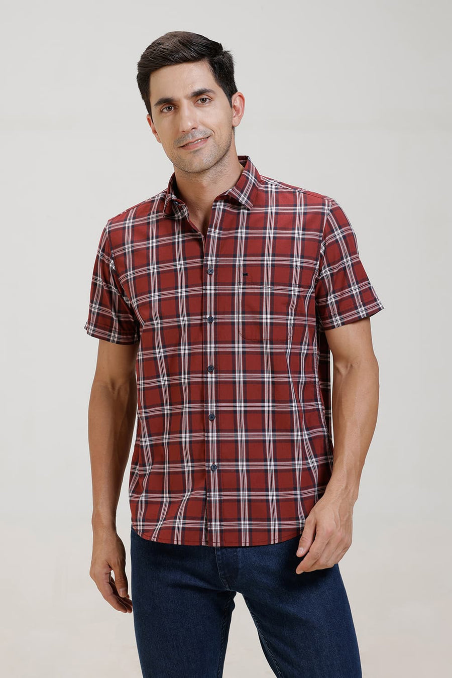 BASICS SLIM FIT BRICK RED COTTON CHECKS HALFSLEEVES SHIRT