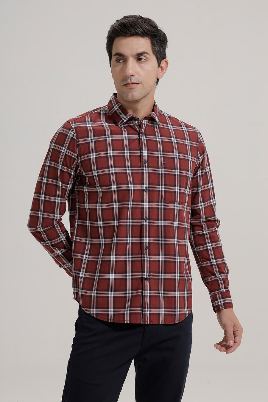BASICS SLIM FIT BRICK RED COTTON CHECKS SHIRT