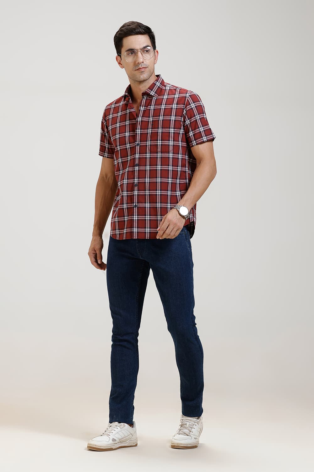 SLIM FIT COTTON CHECKS HALFSLEEVES SHIRT