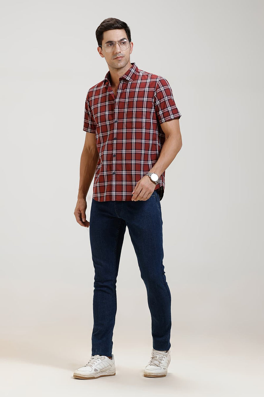 BASICS SLIM FIT BRICK RED COTTON CHECKS HALFSLEEVES SHIRT