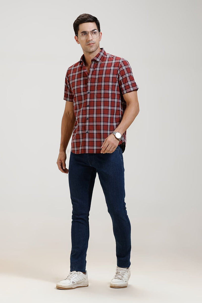 SLIM FIT COTTON CHECKS HALFSLEEVES SHIRT