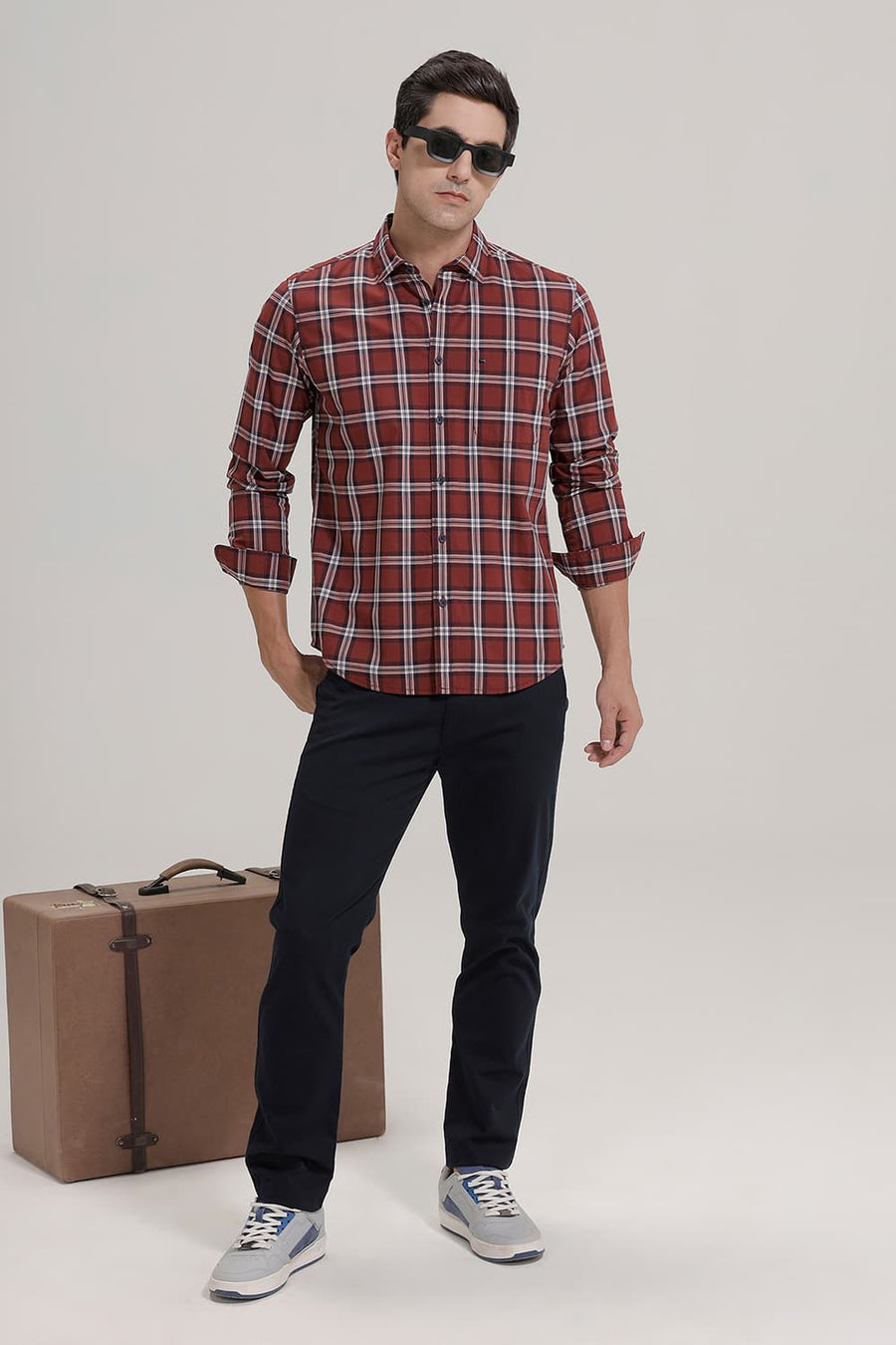 BASICS SLIM FIT BRICK RED COTTON CHECKS SHIRT